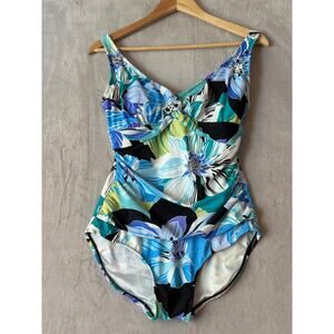 Maxine of Hollywood Women's Size 10 Retro Blue Floral Twist One Piece Swimsuit